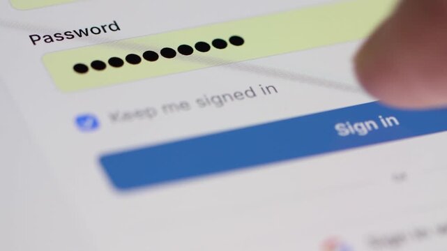  4K close-up of a finger ticking the session checkbox and then pressing the large blue "Sign In" button to enter the dashboard.