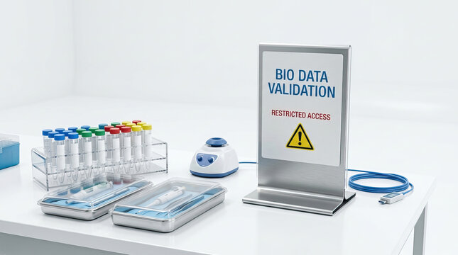 Bio data validation sign on laboratory table with test tubes, pipettes, and medical equipment in clean clinical environment for research and analysis