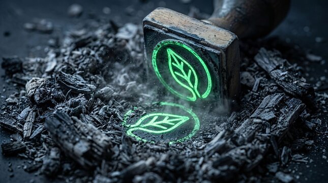 A rubber stamp leaving a glowing green leaf impression on burnt ashes, illustrating corporate greenwashing, fake sustainability, and environmental destruction
