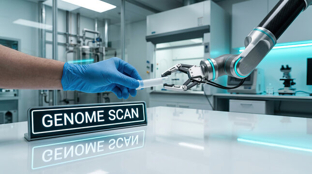 Genome scan concept with robotic arm and human hand exchanging test tube in futuristic laboratory environment with scientific equipment and blue lighting