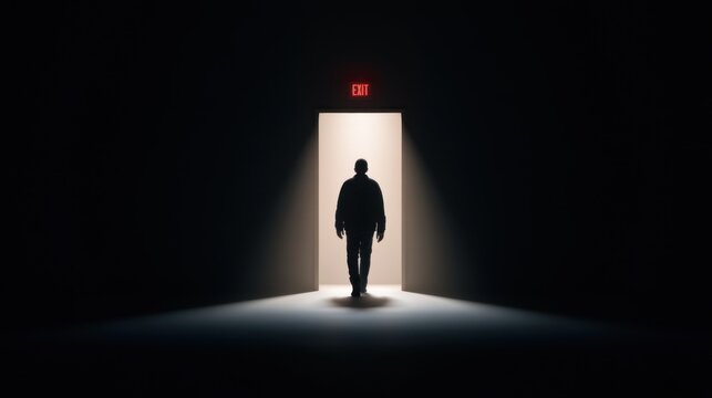 Silhouette of a person walking through a brightly lit doorway into a dark room symbolizing transition, mystery, contrast, and new beginnings in life and journey