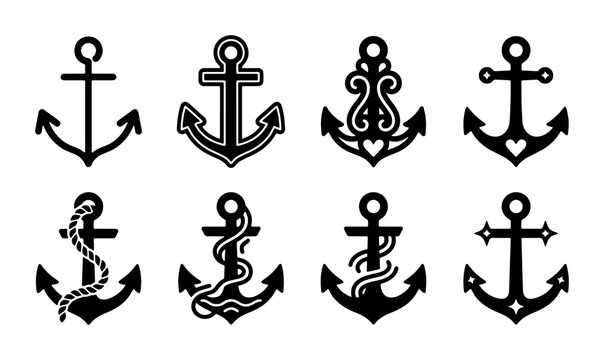 Nautical Anchor Icons Set, Marine Symbol Collection, Vintage Maritime Vector Graphics, Ocean Voyage Design Elements