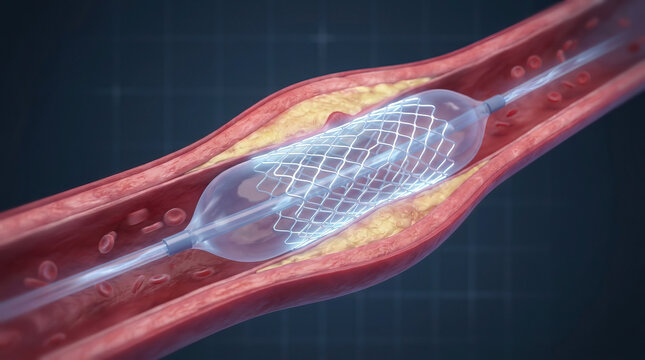 Balloon angioplasty with stent placement inside artery to open blocked blood vessel and restore blood flow, showing detailed medical procedure with artery and blood cells