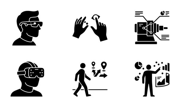 Virtual Reality Technology Icons, Augmented Reality Interface Elements, Future Digital Innovation Graphics, Futuristic VR Headset and Navigation Symbols