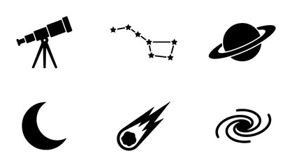 Astronomy Icons Set: Telescope, Constellation, Saturn, Moon, Comet, Galaxy, Space Exploration Graphics © Faisal