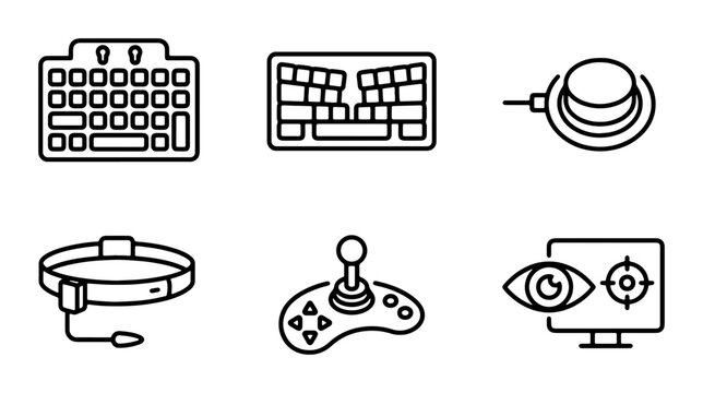 Modern Technology Icons: Gaming Keyboard, VR Headset, Joystick, Eye Tracking, Computer Peripherals, Vector Graphics