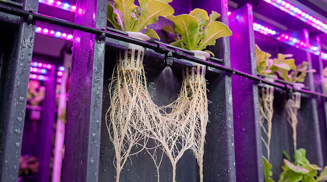 Hydroponic plants with long roots hanging down from black metal frame with purple lights transparent background