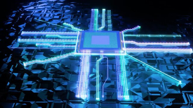 Top Front view of a Futuristic quantum computing circuit: Giant CPU core with glowing entangled particles and waves - Procedural 3D render seamless loop animation.