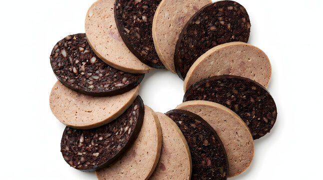 Slices of traditional Icelandic blood pudding and liver sausage neatly arranged, isolated on a pure white background