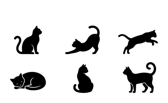 Black Cat Silhouettes: Six Poses Vector Icons, Cute Feline Animal Graphics, Pet Illustration Set
