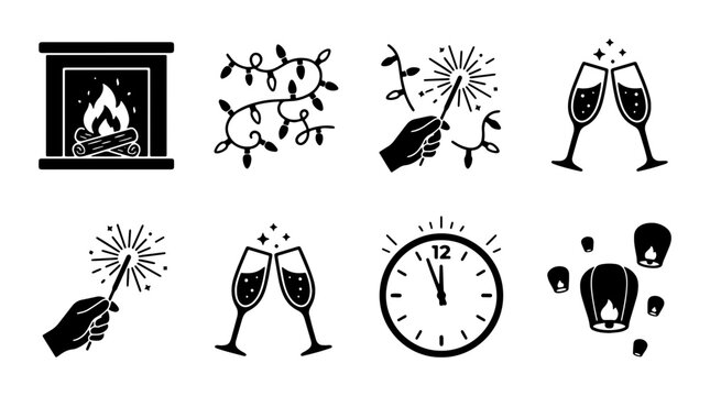 New Year Celebration Icons: Fireplace, Sparklers, Champagne Toast, Countdown Clock, Sky Lanterns, Festive Lights Set