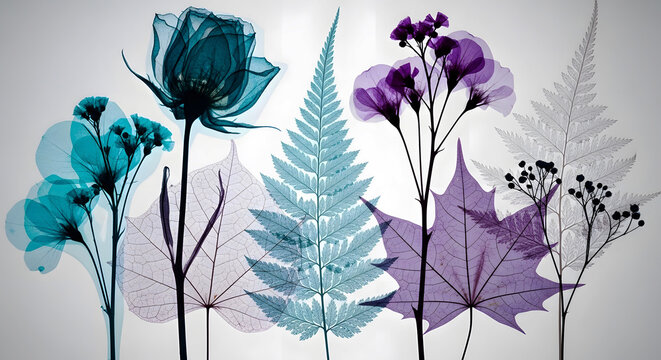 Translucent x-ray style skeleton leaves and flowers in teal and purple on light background