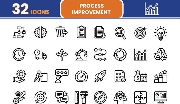 Process improvement 32 line icon set. corporate strategy concept of continuous improvement with quality, advancement, continuous, success and batch processing. Editable icon with vector illustration.
