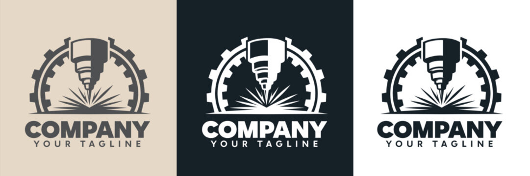 Professional CNC machining logo featuring gear, cutting tool, and laser spark effects symbolizing precision engineering, metal fabrication, industrial manufacturing, and advanced production technology
