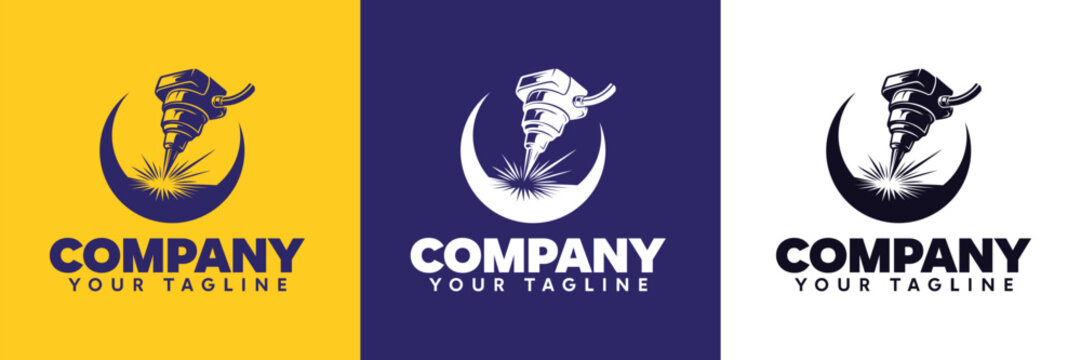Modern CNC laser cutting logo featuring industrial torch, cutting spark, and circular emblem symbolizing precision engineering, metal fabrication, manufacturing, and advanced industrial technology