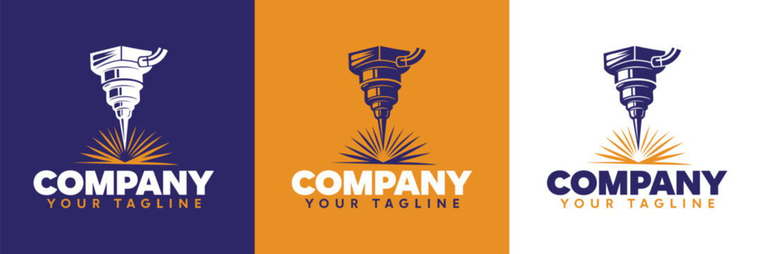 Professional CNC laser cutting logo featuring industrial cutting head and laser spark effect symbolizing precision engineering, metal fabrication, manufacturing technology, and industrial production