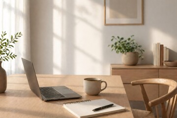 Fototapeta premium Remote working setup, laptop, coffee, and notebook on a wooden table in a minimalist home office