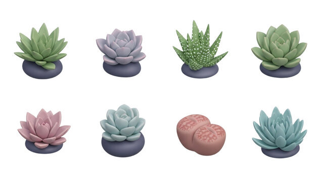 Soft 3D Botanical Icons: Rounded 3D Vector Style Rare Succulents & Lithops Living Stones, Pastel Colors, Trendy Mobile App UI Graphic Icon Sheet.