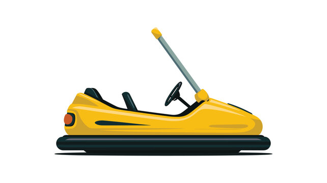 A stylized yellow bumper car featuring a tilted antenna and an open cockpit design rests on a solid white surface under even studio lighting conditions.