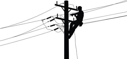Electric lineman silhouette working on high voltage power lines utility pole for electrical maintenance infrastructure repair and energy industry service © SUMAIYA