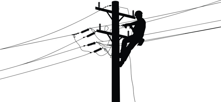 Electric lineman silhouette working on high voltage power lines utility pole for electrical maintenance infrastructure repair and energy industry service