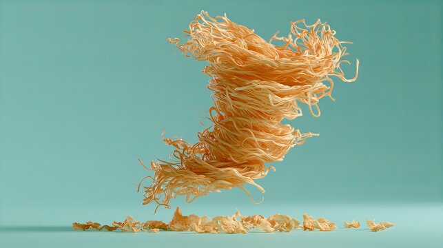 noodles suspended in midair forming tornado shape, minimalist food surrealism hi-res 8K