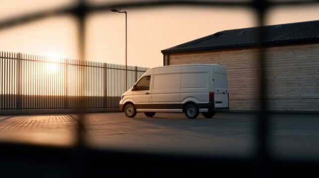 White delivery cargo van parked beside wooden warehouse building in fenced industrial yard during sunset with warm soft lighting and clear sky background