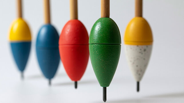 Colorful fishing float suspended upright as if on water, isolated white background, traditional angling concept, bobber detail, freshwater fishing gear, with copy space
