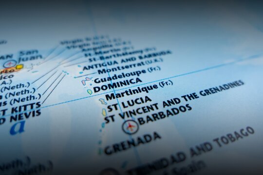 Map of Martinique with shadowed top and bottom. Selective focus on label, close-up view