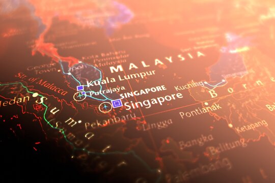 Map of Singapore styled in cyber red colors. Selective focus on label, close-up view