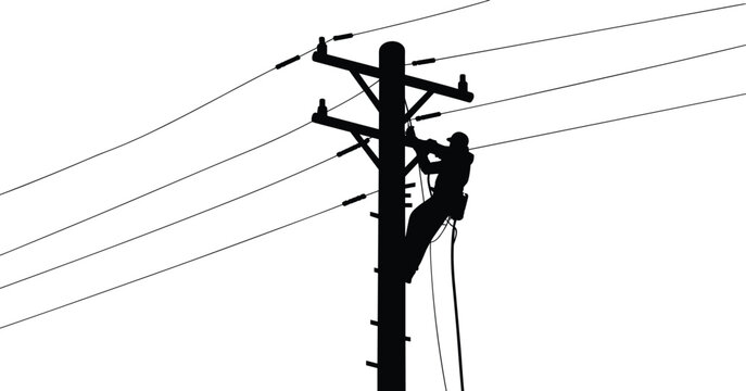 Electrician utility worker silhouette climbing power pole repairing high voltage lines, professional lineman maintenance service, electrical infrastructure industry vector illustration.
