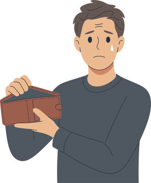 Worried man showing empty wallet vector illustration, financial problem concept with lack of money and economic stress