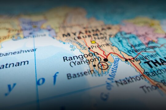 Map of Yangon with shadowed top and bottom. Selective focus on label, close-up view