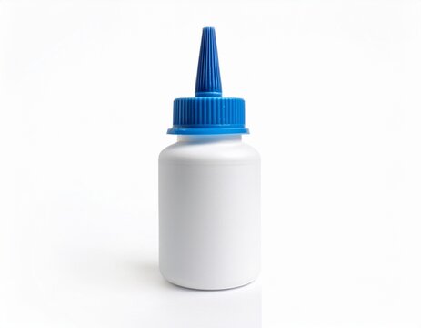 white glue bottle mockup with precision needle tip and blue cap isolated on white background