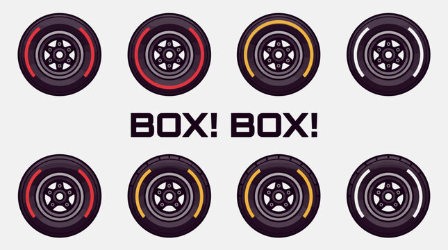 Formula 1 Racing Tire Compounds and Box Box Pit Stop Call Graphic Set
