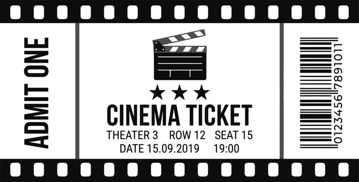 Cinema ticket stub with film strip border and clapperboard icon showing admit one text for movie theater event admission