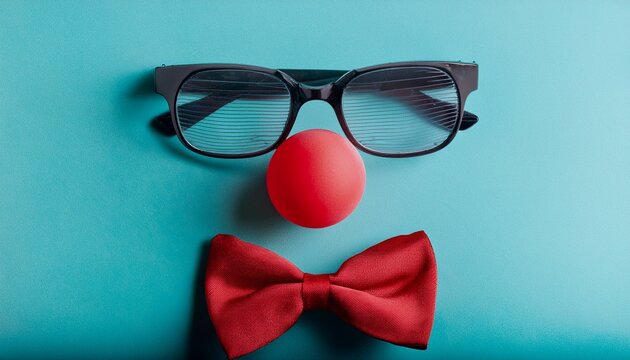 funny glasses red clown nose and tie lie on a colored background like a face