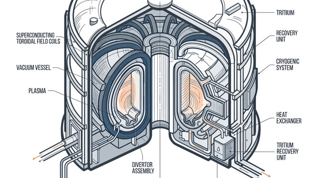Technical Diagram of a Nuclear Fusion Reactor Tokamak for Clean Energy Production, Cross-Section Illustration of Fusion Power Plant Components