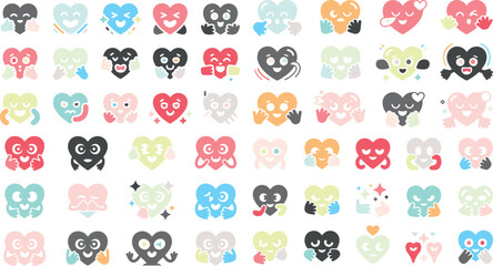 Obraz premium Collection of colorful heart shaped emoticon faces with various expressions and gestures on white background