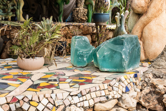 Various decorative stones and plants for decoration in yard of Ahla Zayit farm in Sde Eliezer in southern Israel
