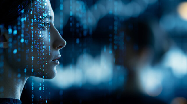 Faceless futuristic woman digital data overlay with AI technology, cyberpunk glow, and stock market abstract concept. Woman data overlay, AI cyberpunk, glowing tech, stock market