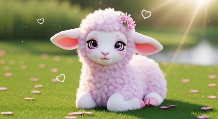 Fototapeta premium Cute cartoon lamb sitting on green grass with floating hearts