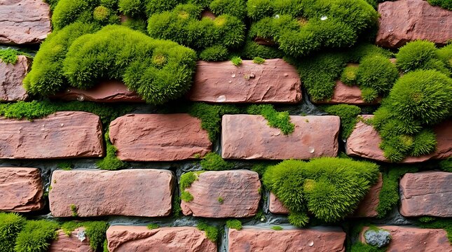 vibrant green moss growing on old red brick wall