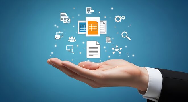Hand holding digital icons representing business documents and tools