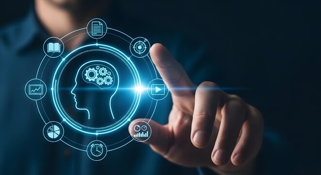 A businessman touching a glowing AI brain interface in a dark setting with futuristic blue lighting