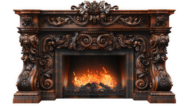 Ornate carved dark wooden fireplace mantel with baroque decoration and isolated on transparent background