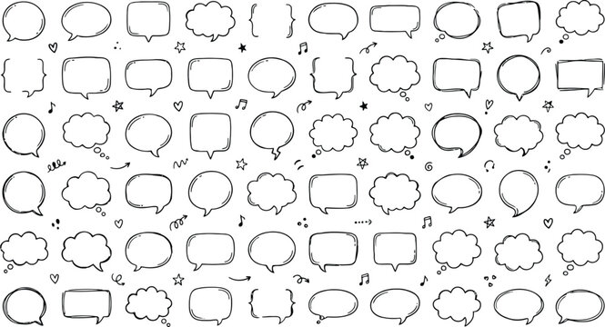 Speech bubbles collection, hand drawn doodle shapes, creative communication design elements,  sketch style.