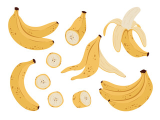 Flat banana collection illustration with peeled fruit, slices and bunches. Tropical food set for packaging, menu, sticker, nutrition and healthy lifestyle design. © TatiaPro
