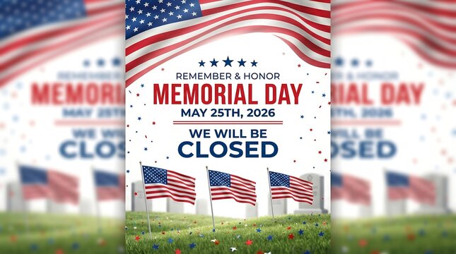 Memorial day may 25th 2026 we will be closed sign with american flags and cemetery background