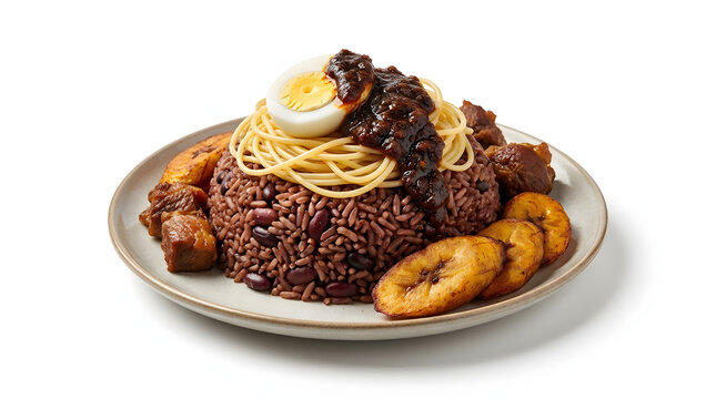 Authentic Ghanaian Waakye meal with spaghetti, egg, and shito sauce, beautifully isolated on a crisp white background
